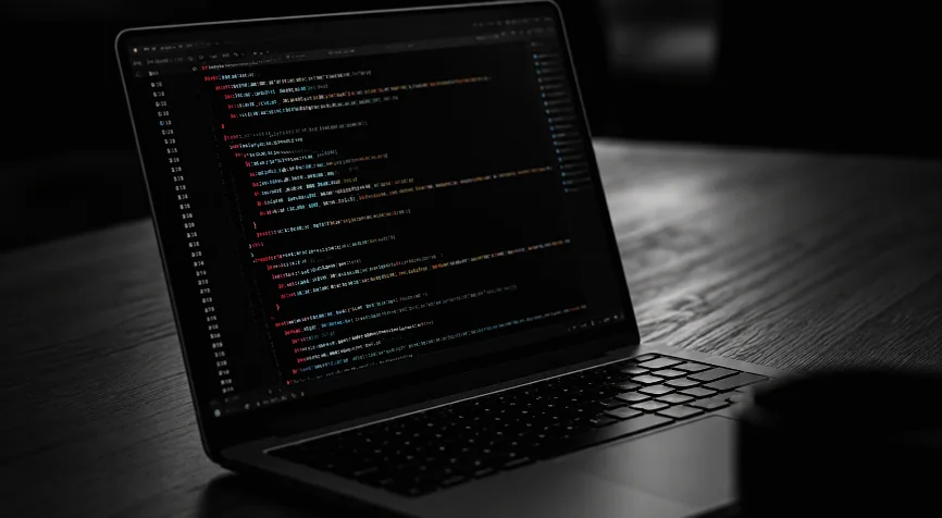 コードエディタが表示された、暗い机の上のノートパソコン