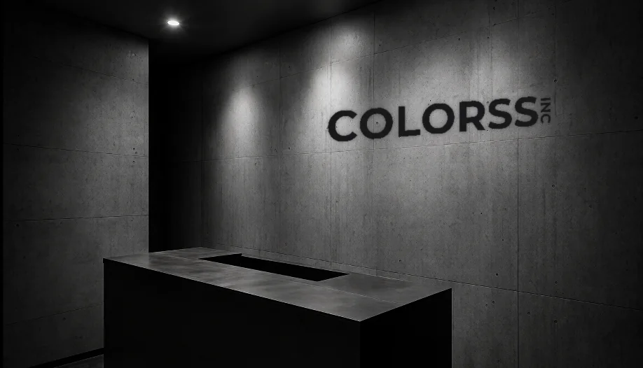 コンクリートの壁にCOLORSSのロゴが掲げられた、照明の落ちたエントランスと受付カウンター