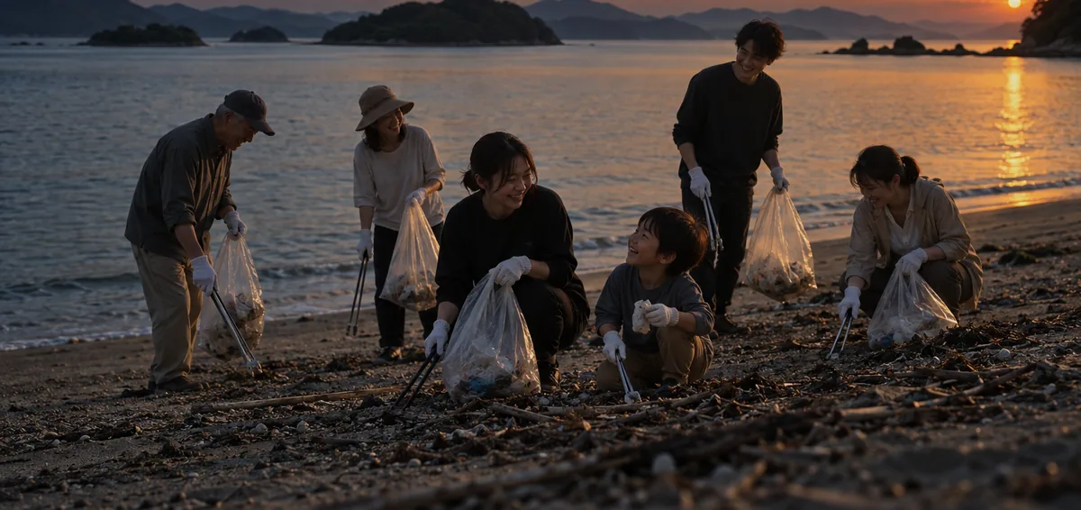 夕暮れの瀬戸内の浜辺で、地域の人たちと一緒に清掃活動をする様子