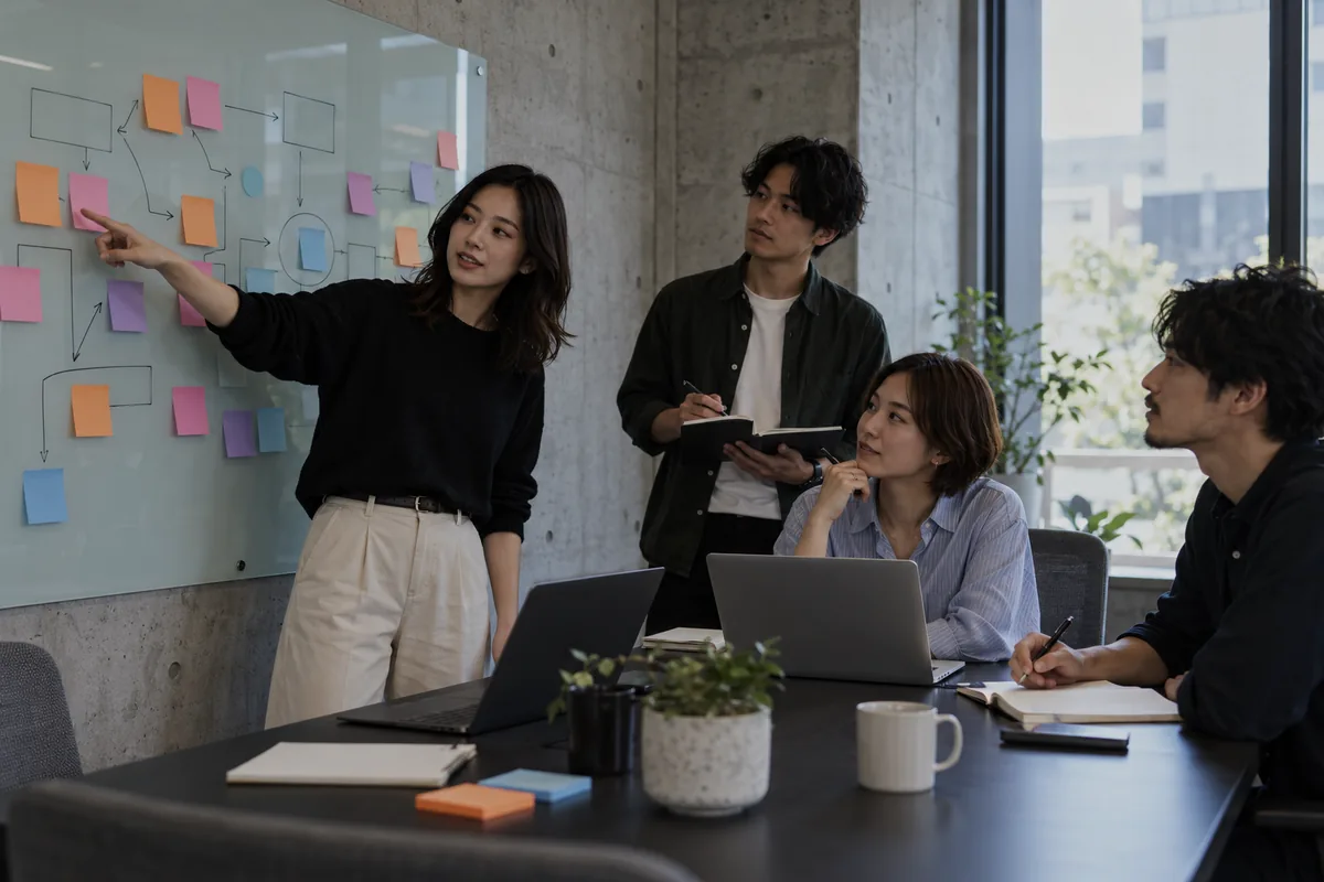 付箋が貼られたガラスのボードの前で話し合うメンバー