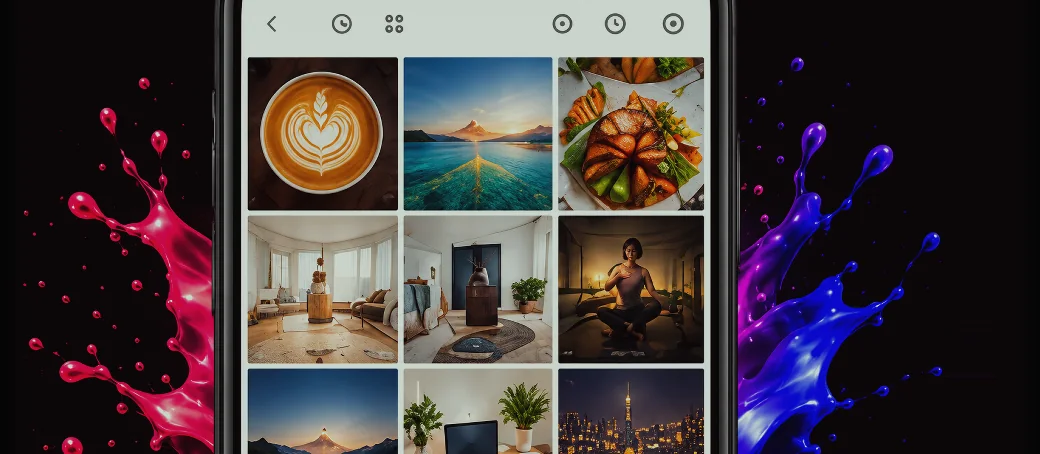 写真が並ぶSNSの画面を表示したスマートフォン