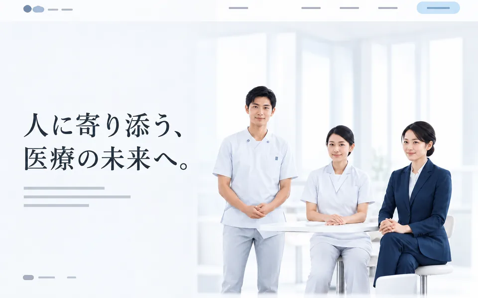 白衣の医療スタッフ3人の写真と「人に寄り添う、医療の未来へ。」の見出しが入ったWebサイト